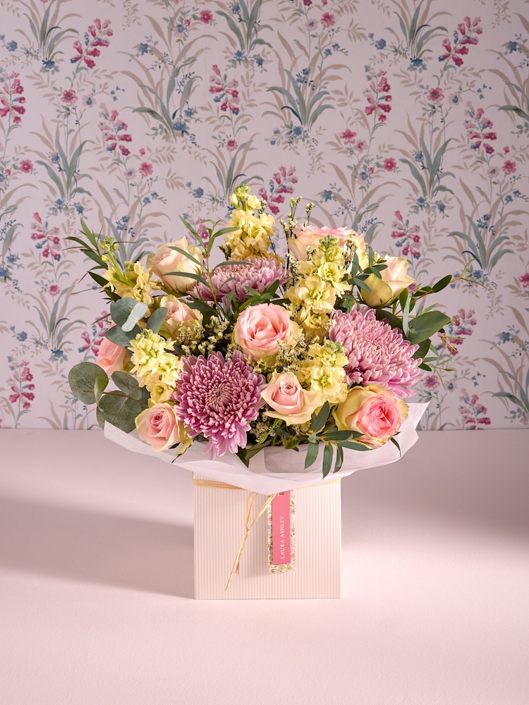 Laura Ashley Pink Rose and Bloom Chrysanthemum Fresh Flower Bouquet in Gift Bag - Image 1 of 5