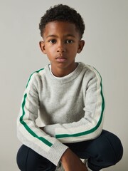 Reiss Soft Grey/Green Briar 9-13 yrs Wool Stiped-Sleeve Jumper - Image 1 of 4