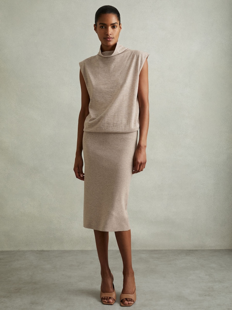 Reiss Neutral Hester Knitted Wool-Cashmere Blouson Top Midi Dress - Image 1 of 5