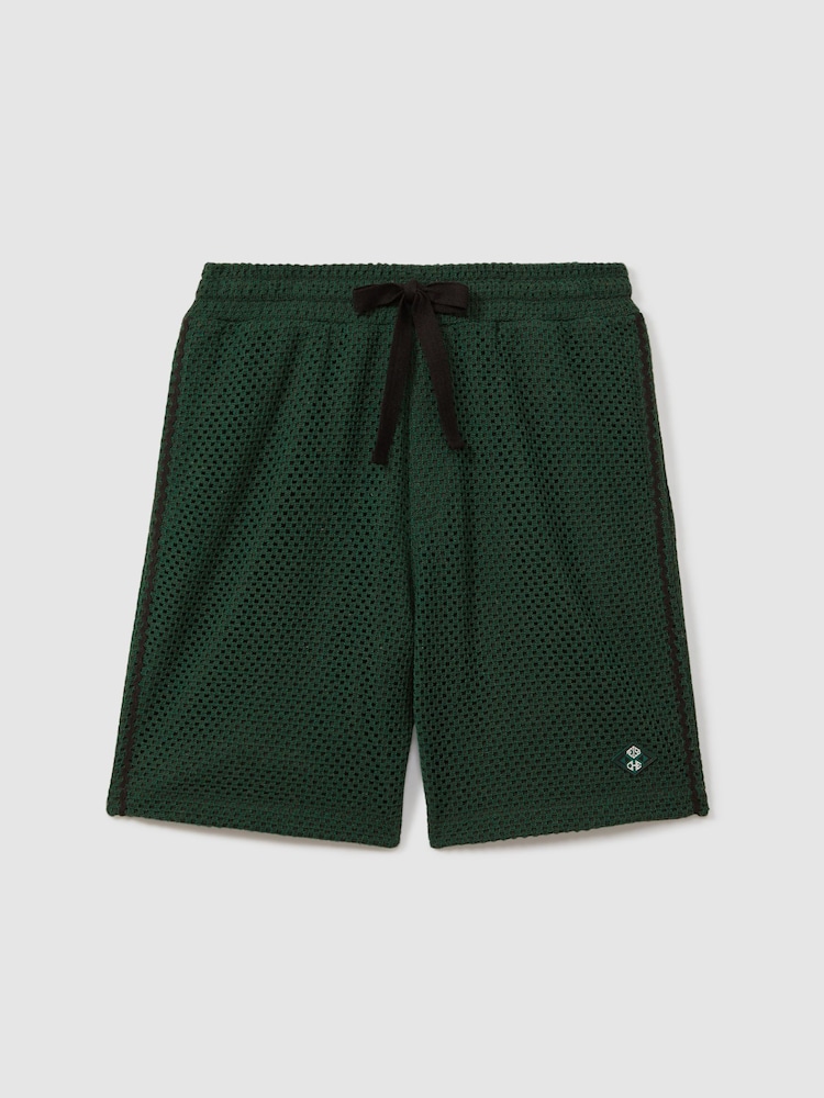 Reiss Dark Green Palmo Ché Crochet Contrast Trim Drawstring Shorts - Image 1 of 5