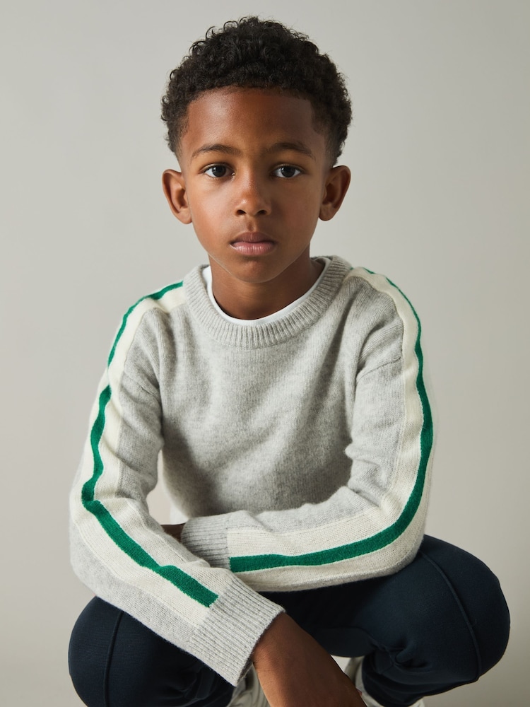 Reiss Soft Grey/Green Briar 3-9 yrs Wool Stiped-Sleeve Jumper - Image 1 of 4
