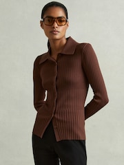 Reiss Maroon Jenna Ribbed Knitted Shirt - Image 1 of 5