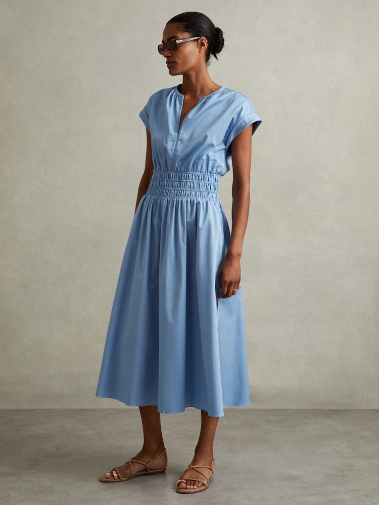 Reiss Blue Lena Cotton Ruched Waist Midi Dress - Image 1 of 5