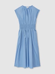 Reiss Blue Lena Cotton Ruched Waist Midi Dress - Image 2 of 5