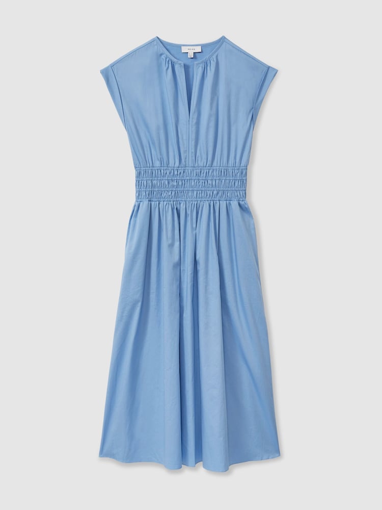 Reiss Blue Lena Cotton Ruched Waist Midi Dress - Image 2 of 5