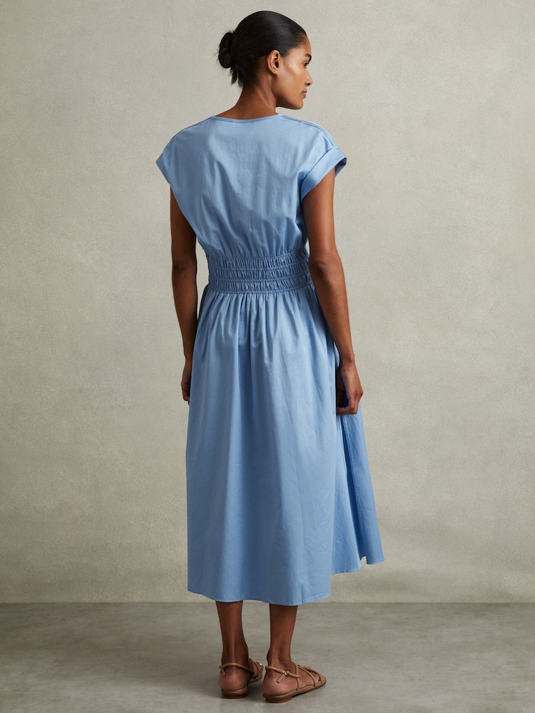 Reiss Blue Lena Cotton Ruched Waist Midi Dress - Image 4 of 5