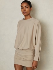 Reiss Neutral Lorenza Ruched Jersey Blouson Top Mini Dress - Image 1 of 5