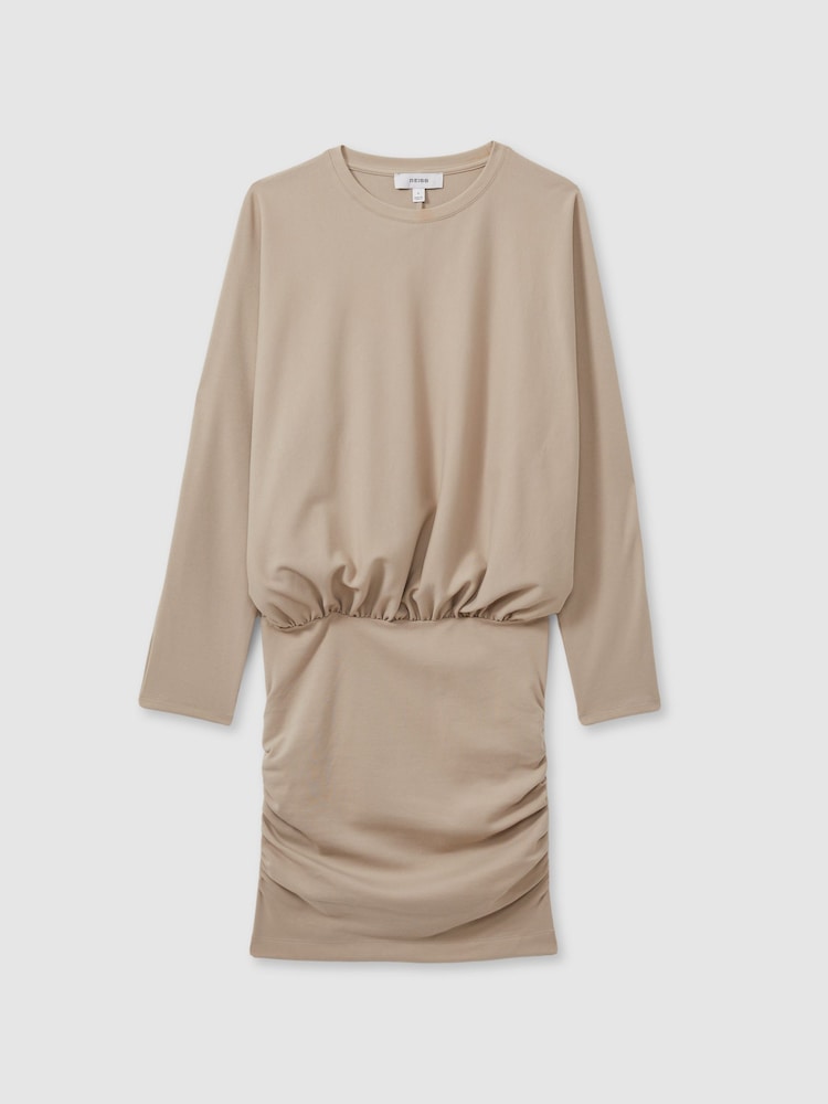 Reiss Neutral Lorenza Ruched Jersey Blouson Top Mini Dress - Image 2 of 5