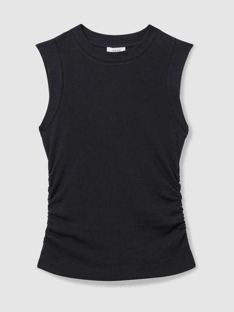 Reiss Navy Trudy Ribbed Ruched Waist Vest - Image 2 of 6