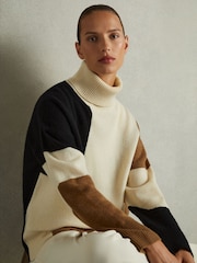 Reiss Cream/Brown Ezra Wool-Cashmere Colourblock-Intarsia Jumper - Image 1 of 7