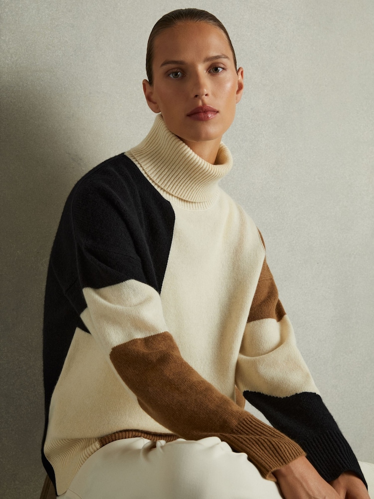 Reiss Cream/Brown Ezra Wool-Cashmere Colourblock-Intarsia Jumper - Image 1 of 7