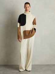 Reiss Cream/Brown Ezra Wool-Cashmere Colourblock-Intarsia Jumper - Image 3 of 7
