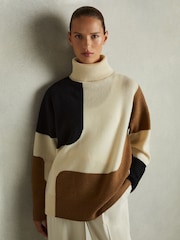Reiss Cream/Brown Ezra Wool-Cashmere Colourblock-Intarsia Jumper - Image 4 of 7