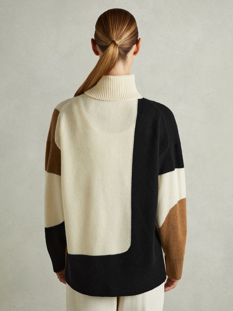 Buy Reiss Cream/Brown Ezra Wool-Cashmere Colourblock-Intarsia