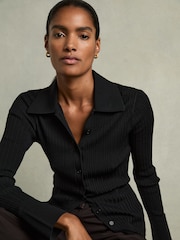 Reiss Black Jenna Ribbed Knitted Shirt - Image 1 of 8