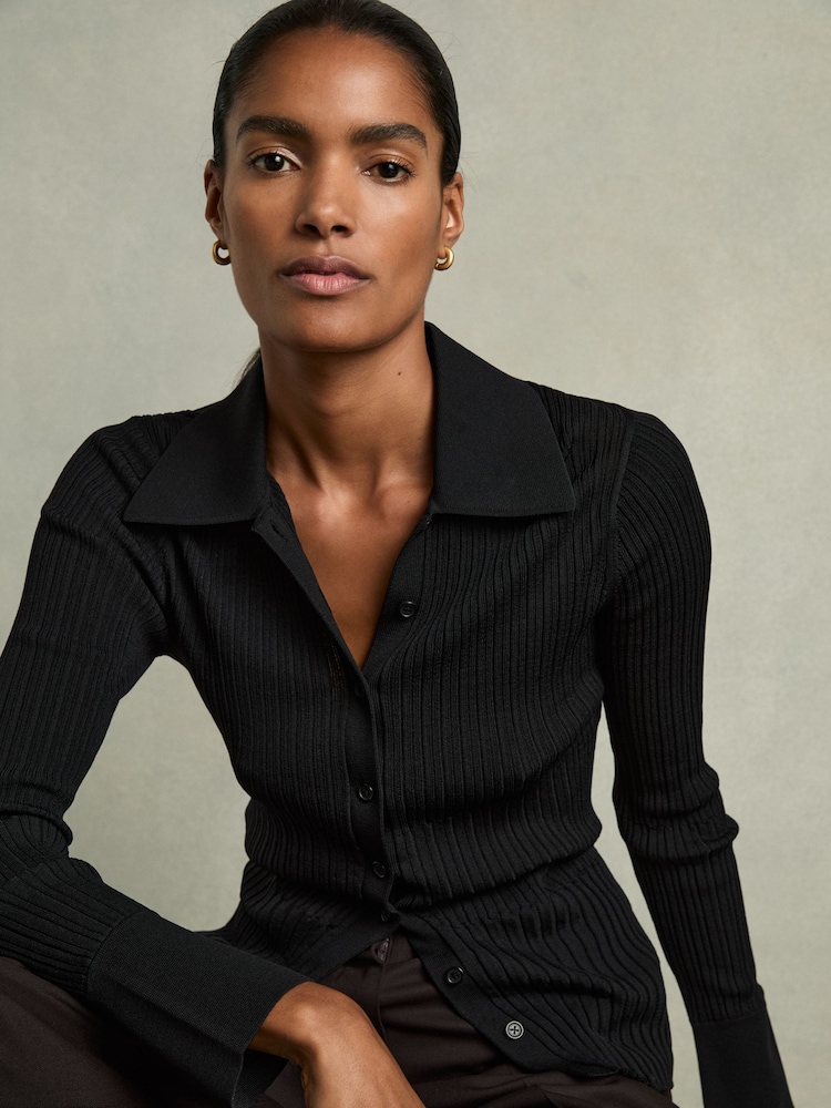 Reiss Black Jenna Ribbed Knitted Shirt - Image 1 of 8