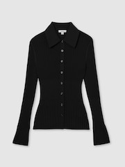 Reiss Black Jenna Ribbed Knitted Shirt - Image 2 of 8