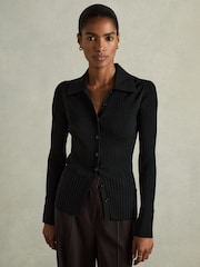 Reiss Black Jenna Ribbed Knitted Shirt - Image 5 of 8