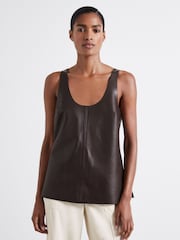 Reiss Chocolate Aliza Atelier Leather Scoop Neck Top - Image 1 of 6