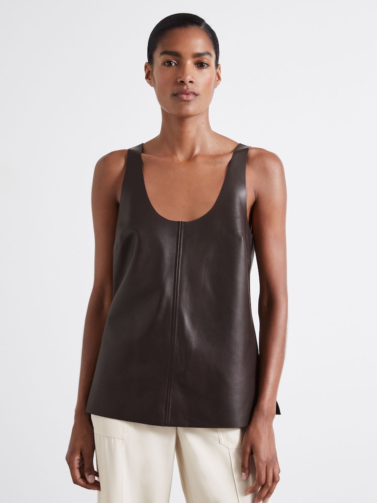 Reiss Chocolate Aliza Atelier Leather Scoop Neck Top - Image 1 of 6