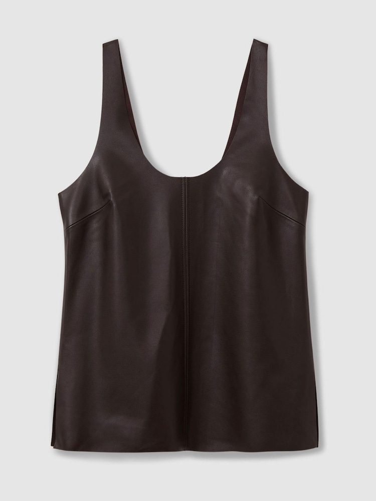 Reiss Chocolate Aliza Atelier Leather Scoop Neck Top - Image 2 of 6