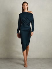 Reiss Teal Fleur Petite Off-The-Shoulder Ruched Jersey Midi Dress - Image 3 of 7