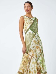 Roman Green Paisley Scarf Print Pleated Midi Dress - Image 1 of 5