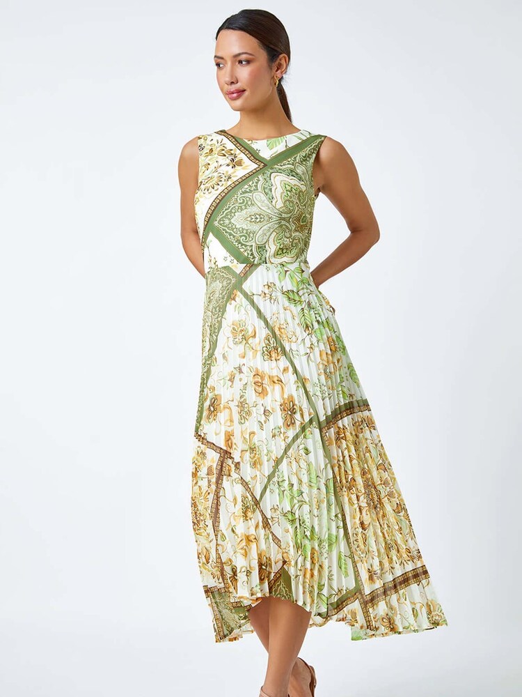 Roman Green Paisley Scarf Print Pleated Midi Dress - Image 2 of 5