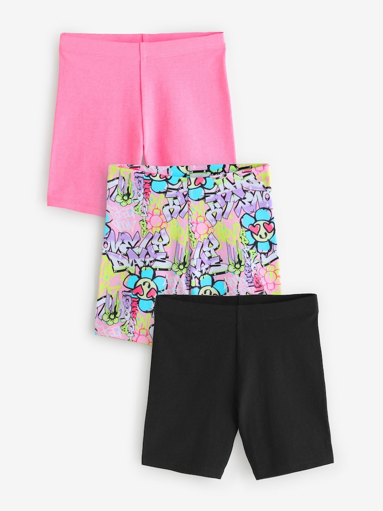 Pink/Graffiti/Black Cycle Shorts 3 Pack (3-16yrs) - Image 1 of 6