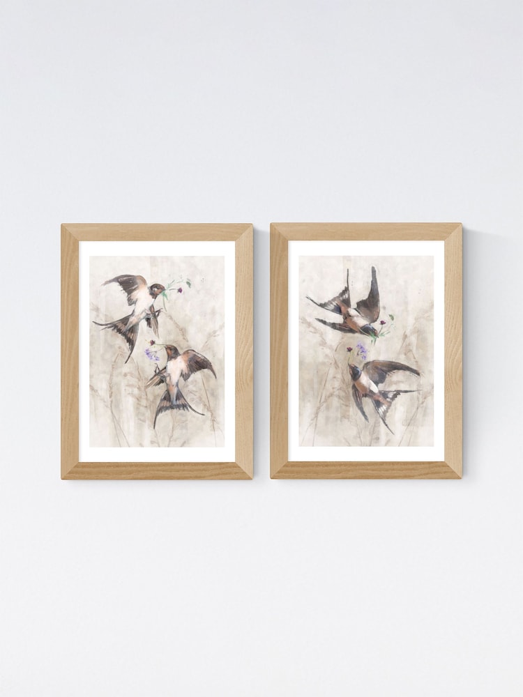 East End Prints Oak Playful Swallows Wall Set Framed Art Print - Image 1 of 2