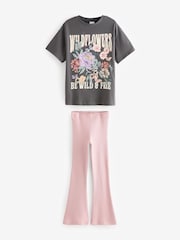 Pink Floral T-Shirt and Ribbed Flare 100% Cotton Set (3-16yrs) - Image 4 of 8