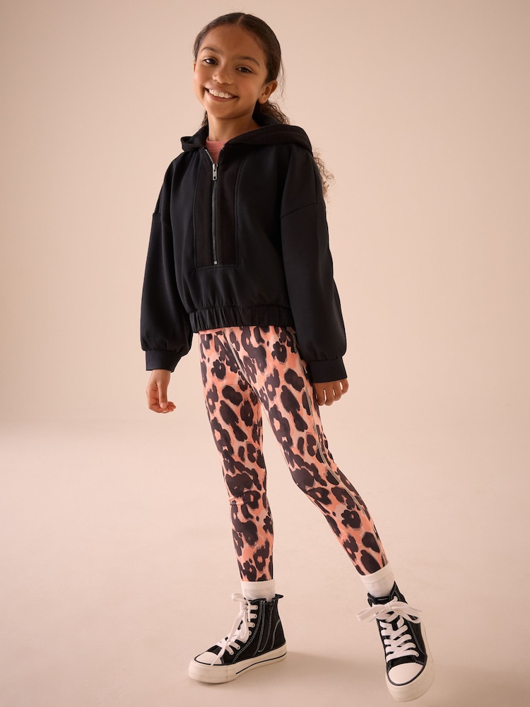 Black Half Zip Hoodie And Animal Sports Leggings Set (3-16yrs) - Image 1 of 4