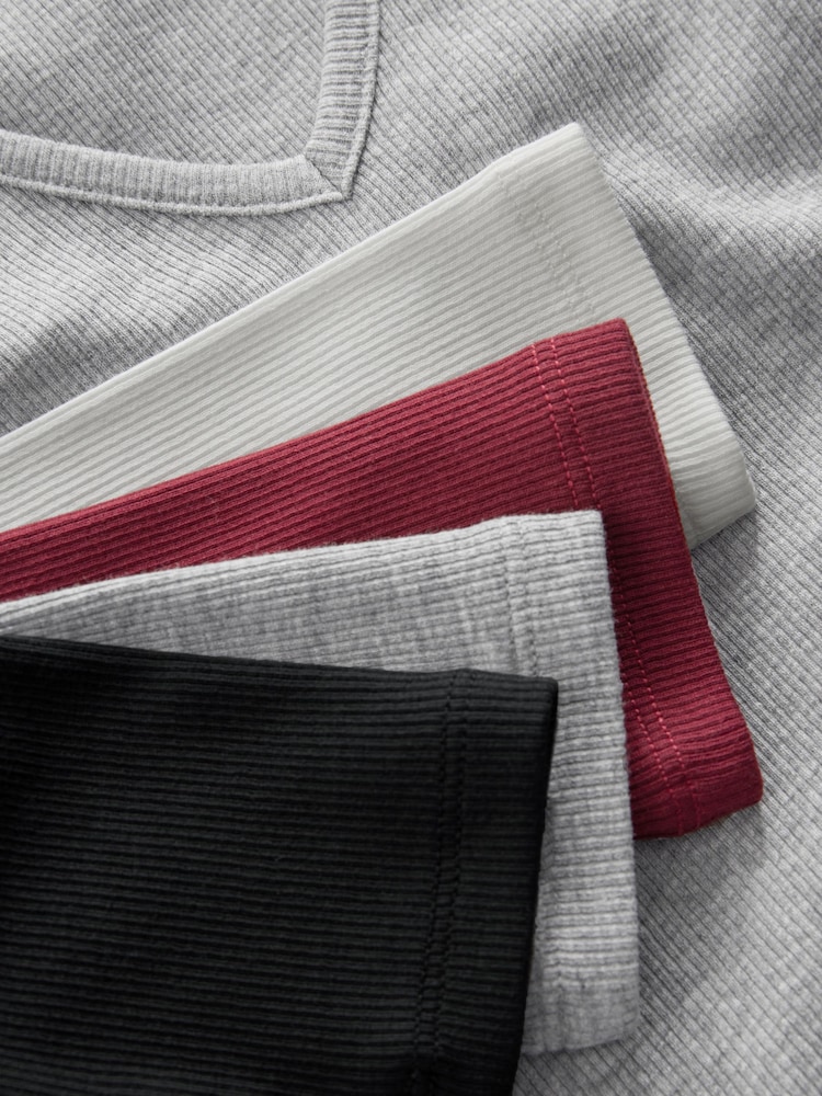 The Set Black/Cream/Light Grey/Wine Red 4 Pack Ribbed V-Neck Long Sleeve T-Shirts - Image 11 of 13