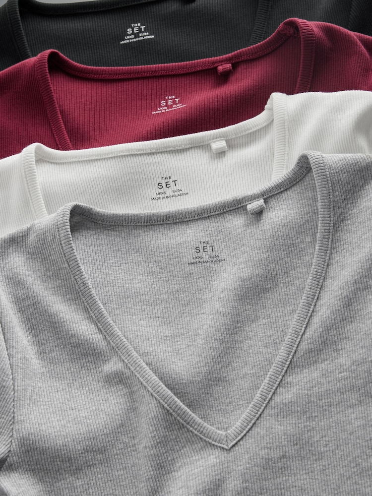 The Set Black/Cream/Light Grey/Wine Red 4 Pack Ribbed V-Neck Long Sleeve T-Shirts - Image 12 of 13