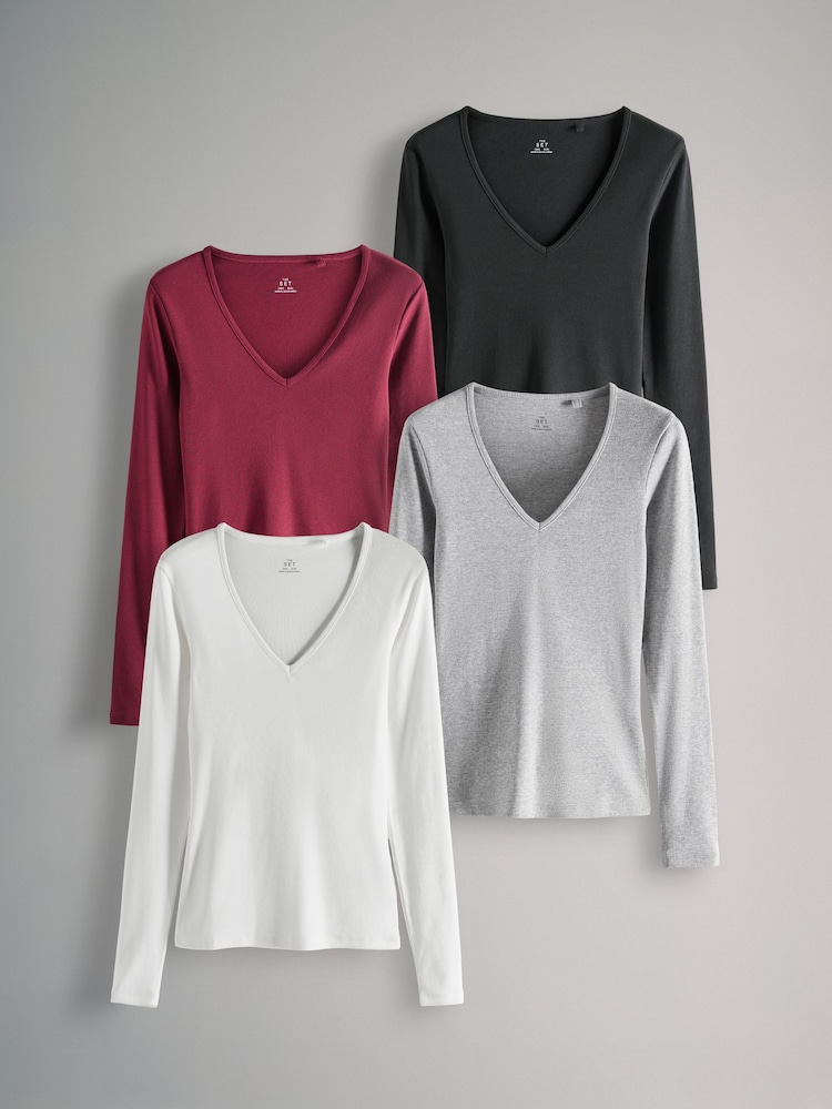 The Set 4 Pack Ribbed V-Neck Long Sleeve T-Shirts - Bild 2 von 13