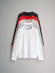The Set Beige/Navy Blue/Red/White/Navy&White Stripe 5 Pack Relaxed Long Sleeve 100% Cotton T-Shirts - Image 1 of 12