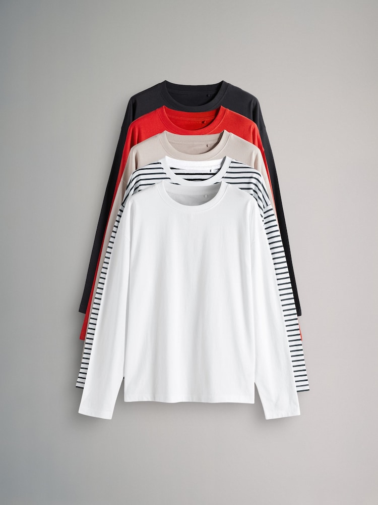 The Set Beige/Navy Blue/Red/White/Navy&White Stripe 5 Pack Relaxed Long Sleeve 100% Cotton T-Shirts - Image 1 of 12