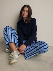 Blue Pull On Stripe Wide Leg 100% Cotton Trousers - Image 1 of 8