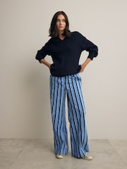 Blue Pull On Stripe Wide Leg 100% Cotton Trousers - Image 2 of 8