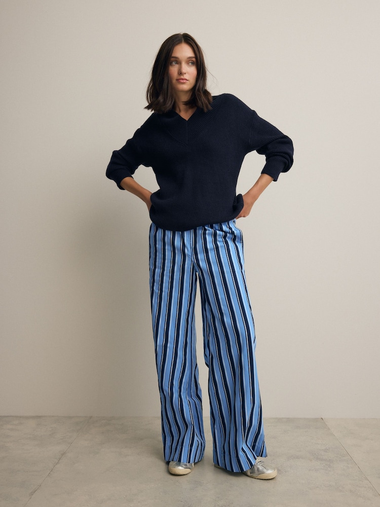 Blue Pull On Stripe Wide Leg 100% Cotton Trousers - Image 2 of 8