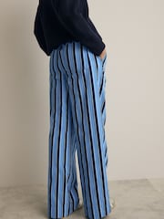 Blue Pull On Stripe Wide Leg 100% Cotton Trousers - Image 3 of 8