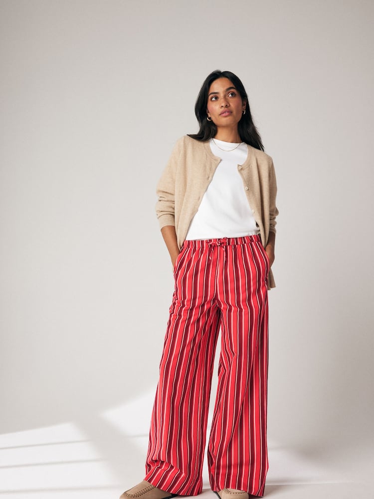 Red Pull On Stripe Wide Leg 100% Cotton Trousers - Image 2 of 7