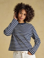 Joules Cara Navy & Cream Striped Boxy Crew Neck Jersey Top - Image 1 of 7