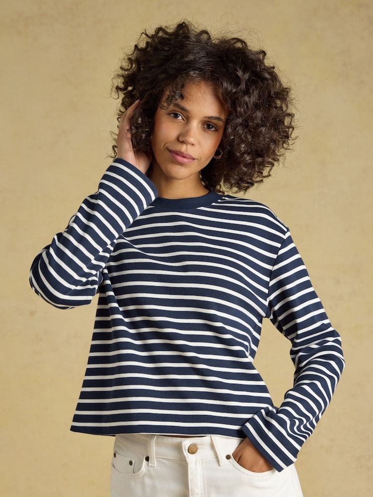 Joules Cara Navy & Cream Striped Boxy Crew Neck Jersey Top - Image 1 of 7 Joules Cara Navy & Cream Striped Boxy Crew Neck Jersey Top - Image 1 of 7