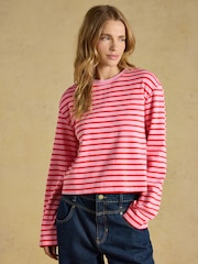 Joules Cara Pink & Red Striped Boxy Crew Neck Jersey Top - Image 1 of 7