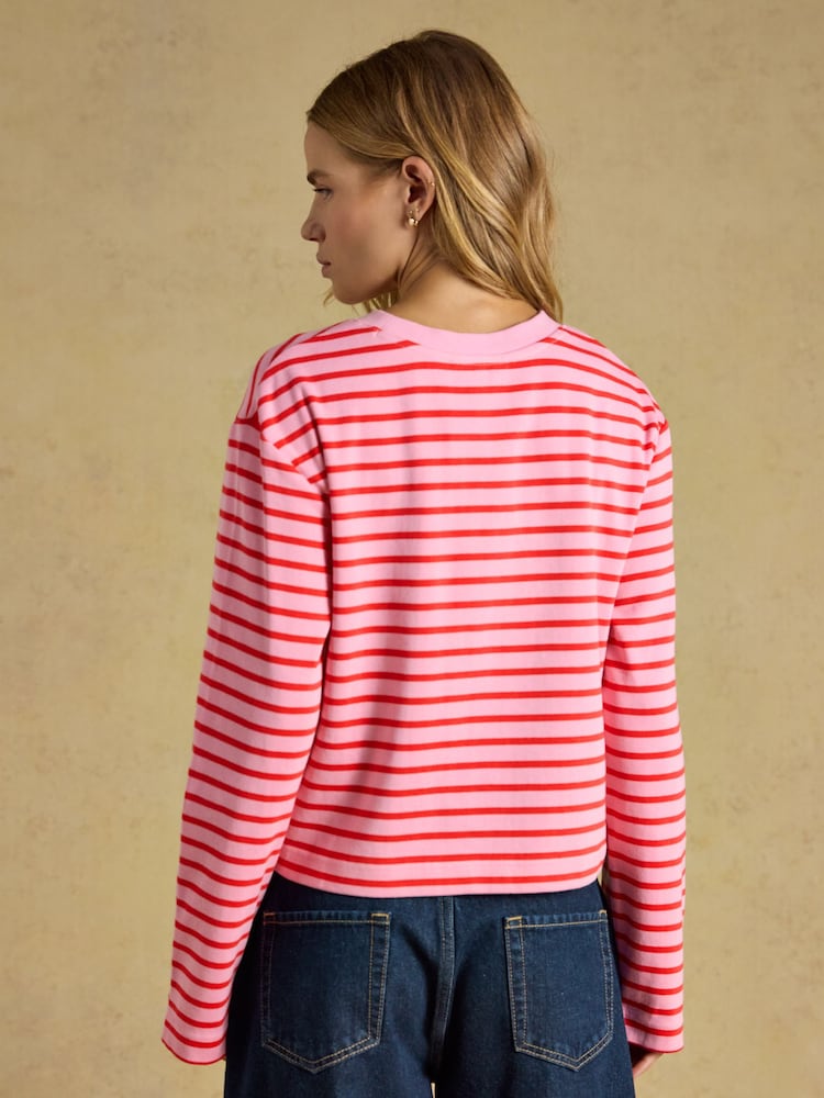 Joules Cara Pink & Red Striped Boxy Crew Neck Jersey Top - Image 2 of 7 Joules Cara Pink & Red Striped Boxy Crew Neck Jersey Top - Image 2 of 7