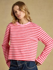 Joules Cara Pink & Red Striped Boxy Crew Neck Jersey Top - Image 5 of 7