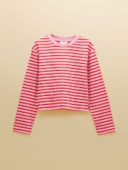 Joules Cara Pink & Red Striped Boxy Crew Neck Jersey Top - Image 7 of 7