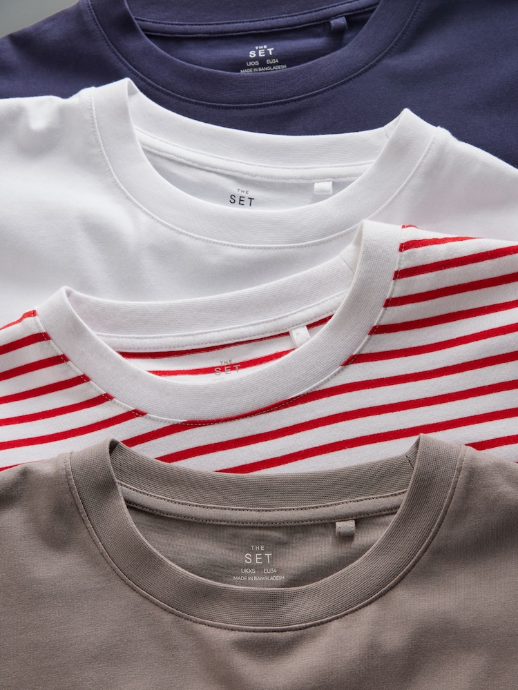 The Set White/Taupe Brown/Navy/Red White Stripe 4 Pack Heavyweight Long Sleeve T-Shirts - Image 11 of 11