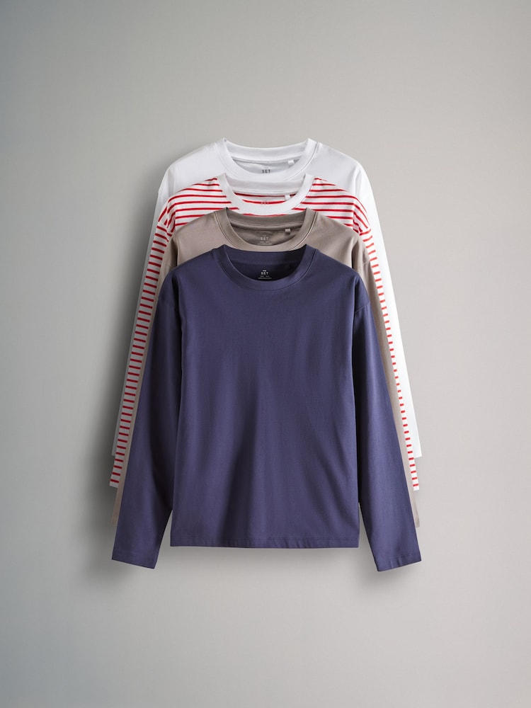 The Set White/Taupe Brown/Navy/Red White Stripe 4 Pack Heavyweight Long Sleeve T-Shirts - Image 2 of 11